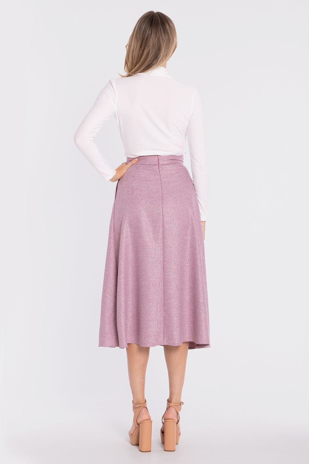 midi flared skirt high waist elegant silhouette-pink-rear-view