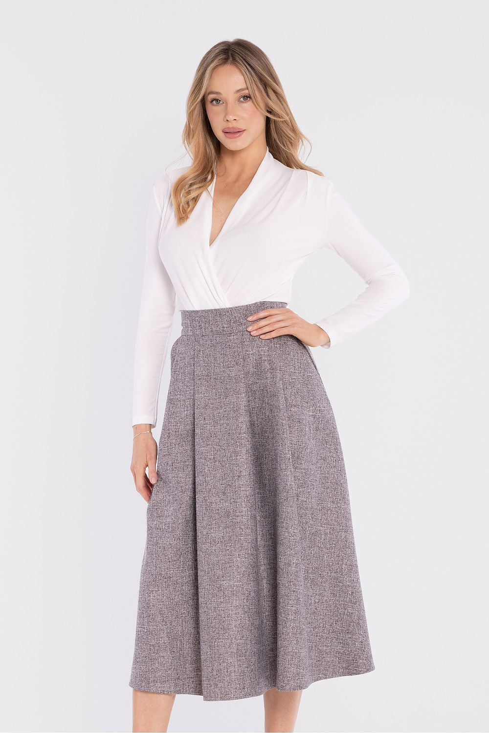 midi flared skirt high waist elegant silhouette-grey
