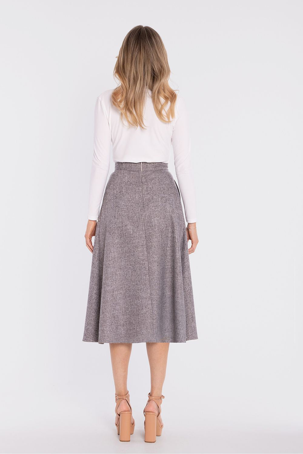 midi flared skirt high waist elegant silhouette-grey-rear-view