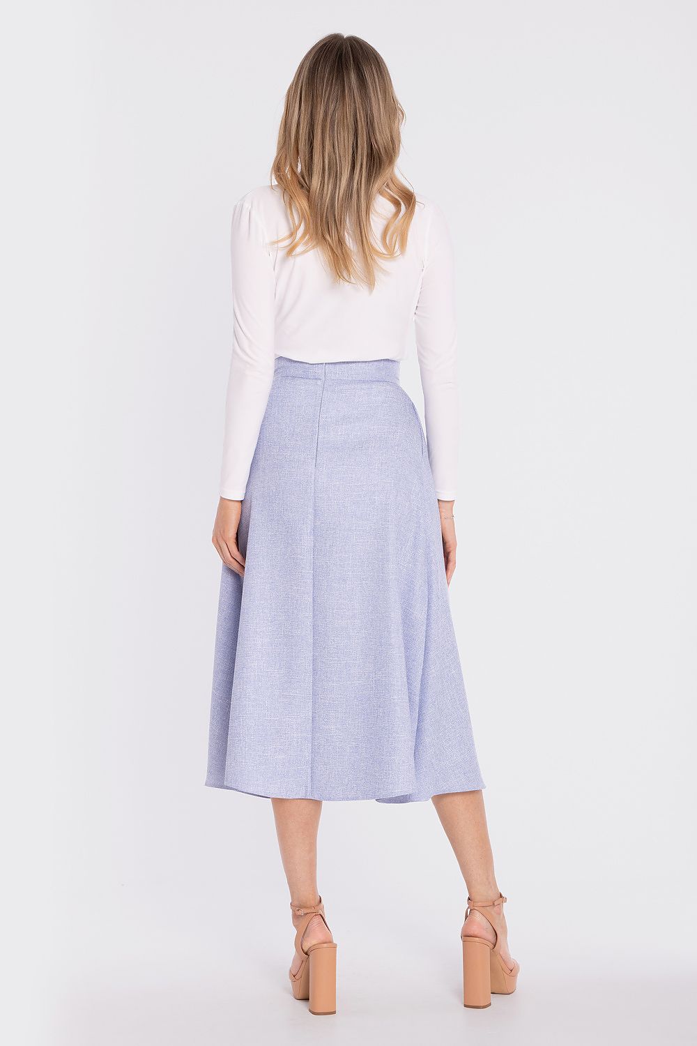 midi flared skirt high waist elegant silhouette-blue-rear-view