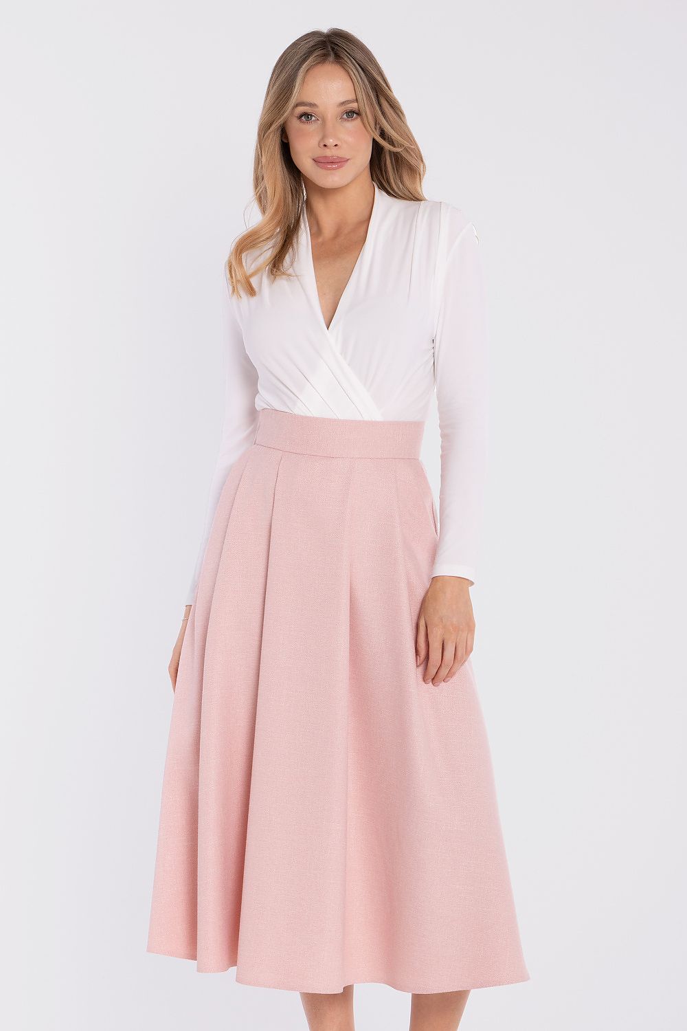 midi flared skirt high waist elegant silhouette-pink