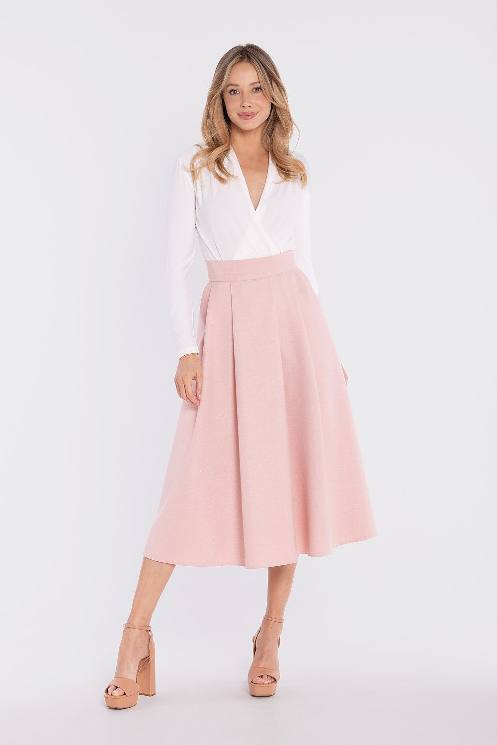 midi flared skirt high waist elegant silhouette-pink-front-view2