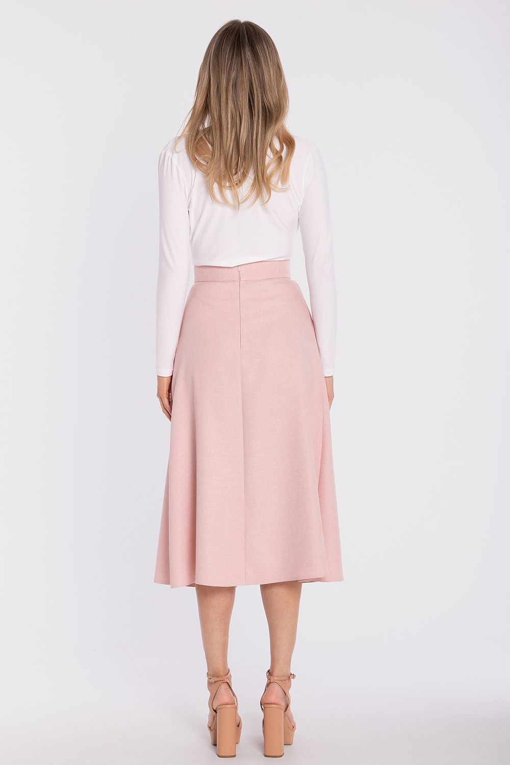 midi flared skirt high waist elegant silhouette-pink-rear-view