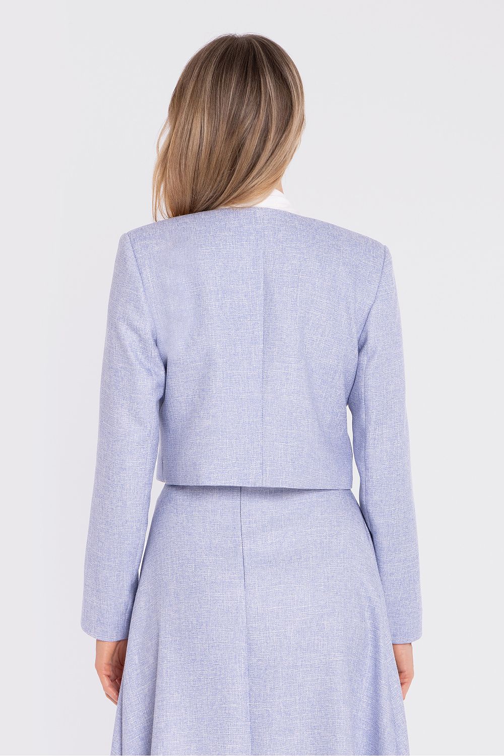 women's blazer collarless modern silhouette-blue-rear-view