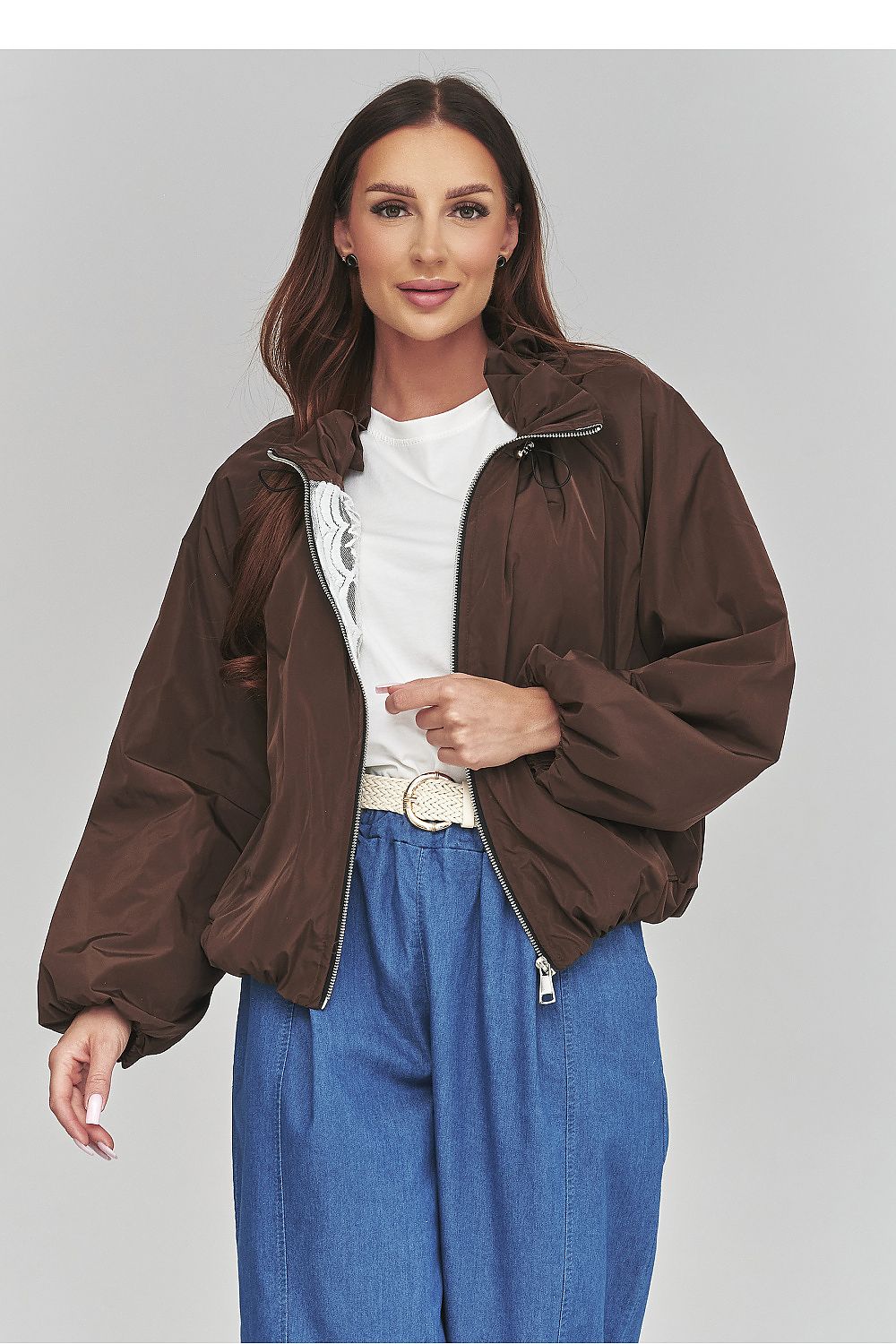  transitional jacket with feminine lace-inspired lining and relaxed silhouette-Brown