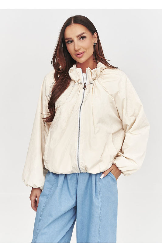  transitional jacket with feminine lace-inspired lining and relaxed silhouette