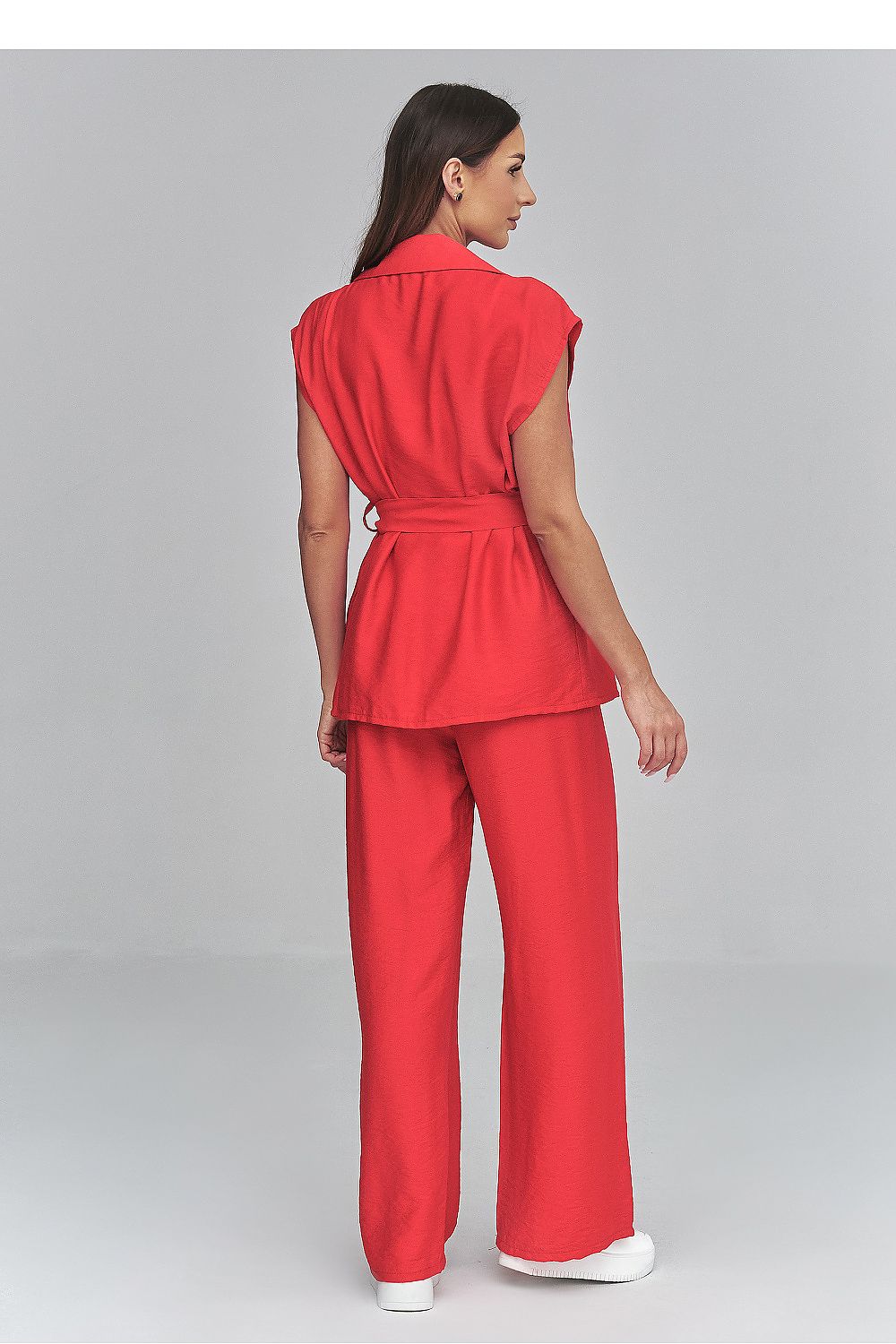 Red waistcoat and wide-leg trouser set with flattering belted waist
