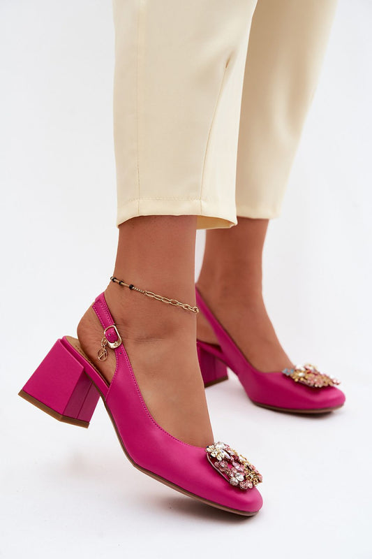  Pink leather pumps crystal flower embellishment elegant style