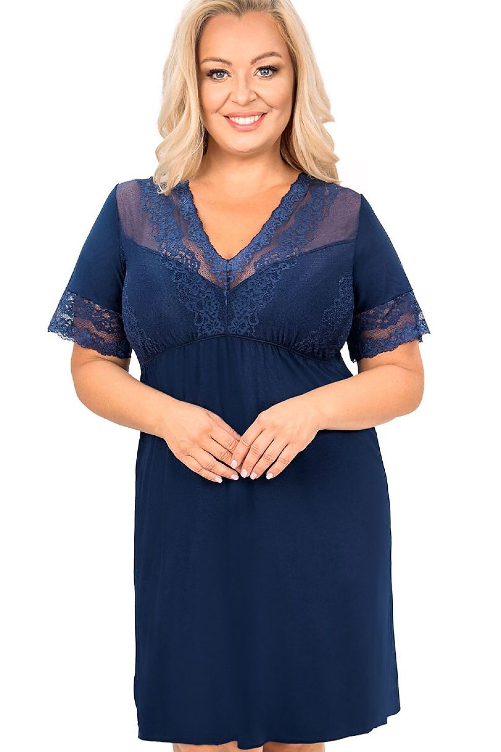  The Linda Navy Plus Size Lace-Trim Viscose Nightshirt featuring an elegant lace bust and lace-finished sleeves.