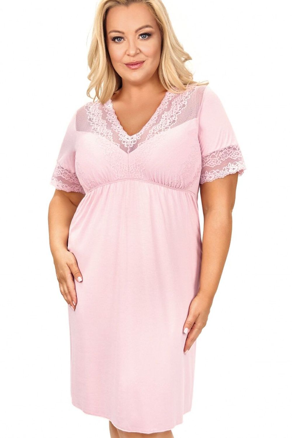  Soft pink lace-trim plus size nightshirt designed for comfortable sleep and relaxed evenings at home.