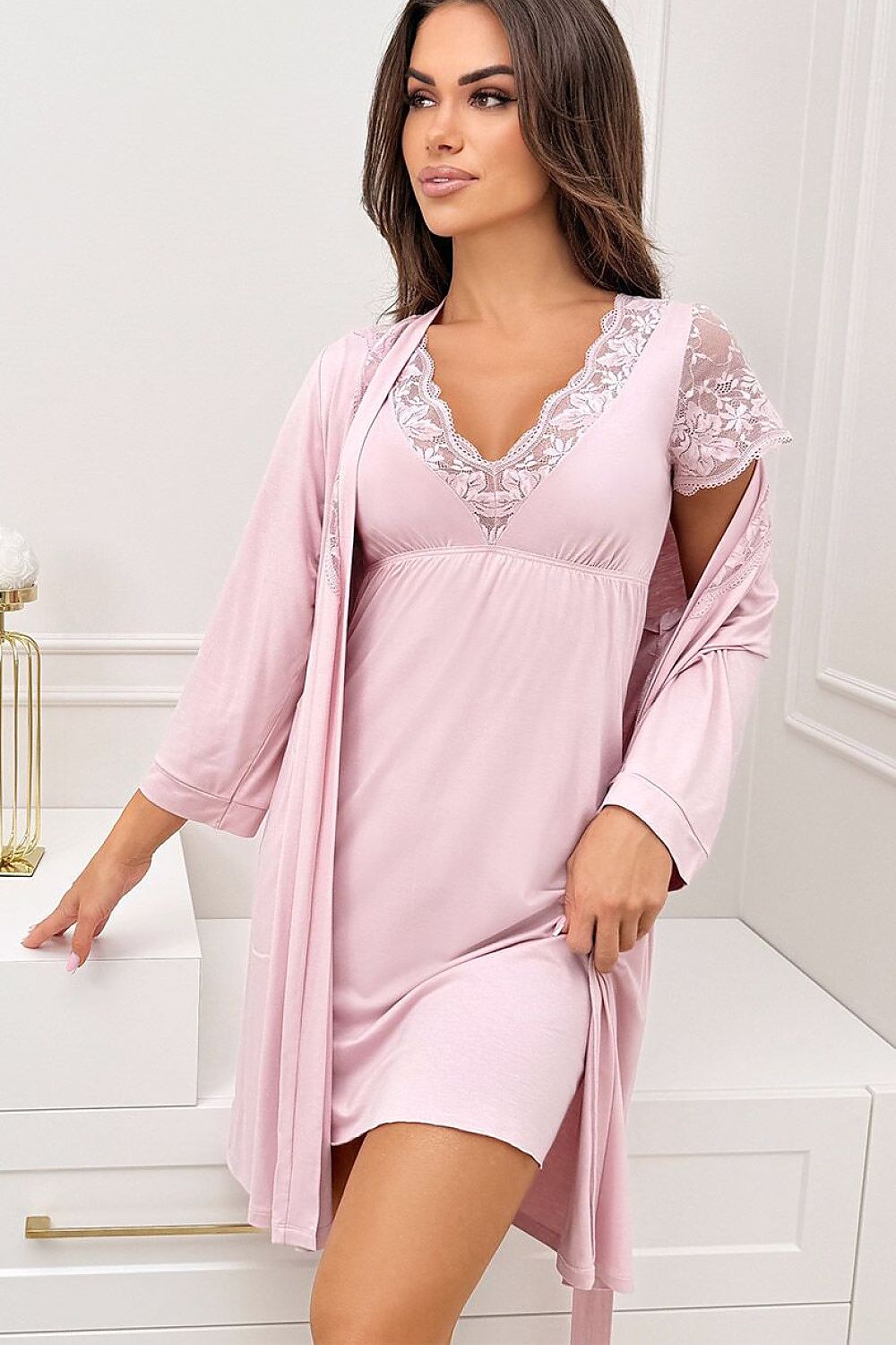  The Sonia Pink Viscose Lace-Trim Dressing Gown featuring a delicate lace neckline, three-quarter sleeves and adjustable waist tie.