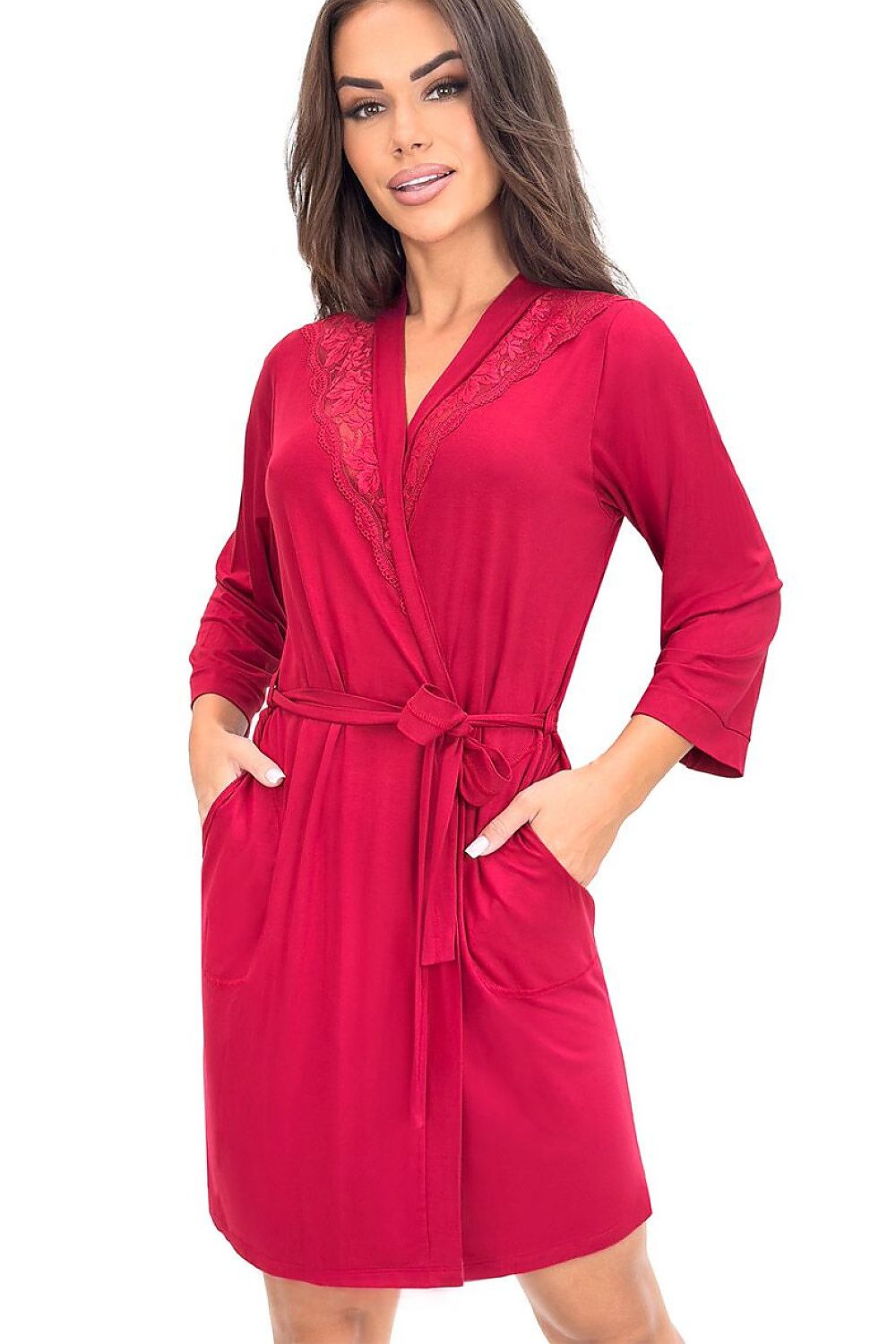 Red robe with lace trim worn by a model on a white background