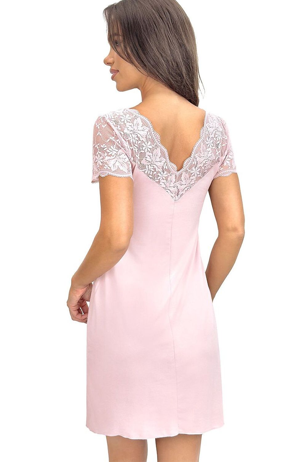 Pink dress with lace details on a white background