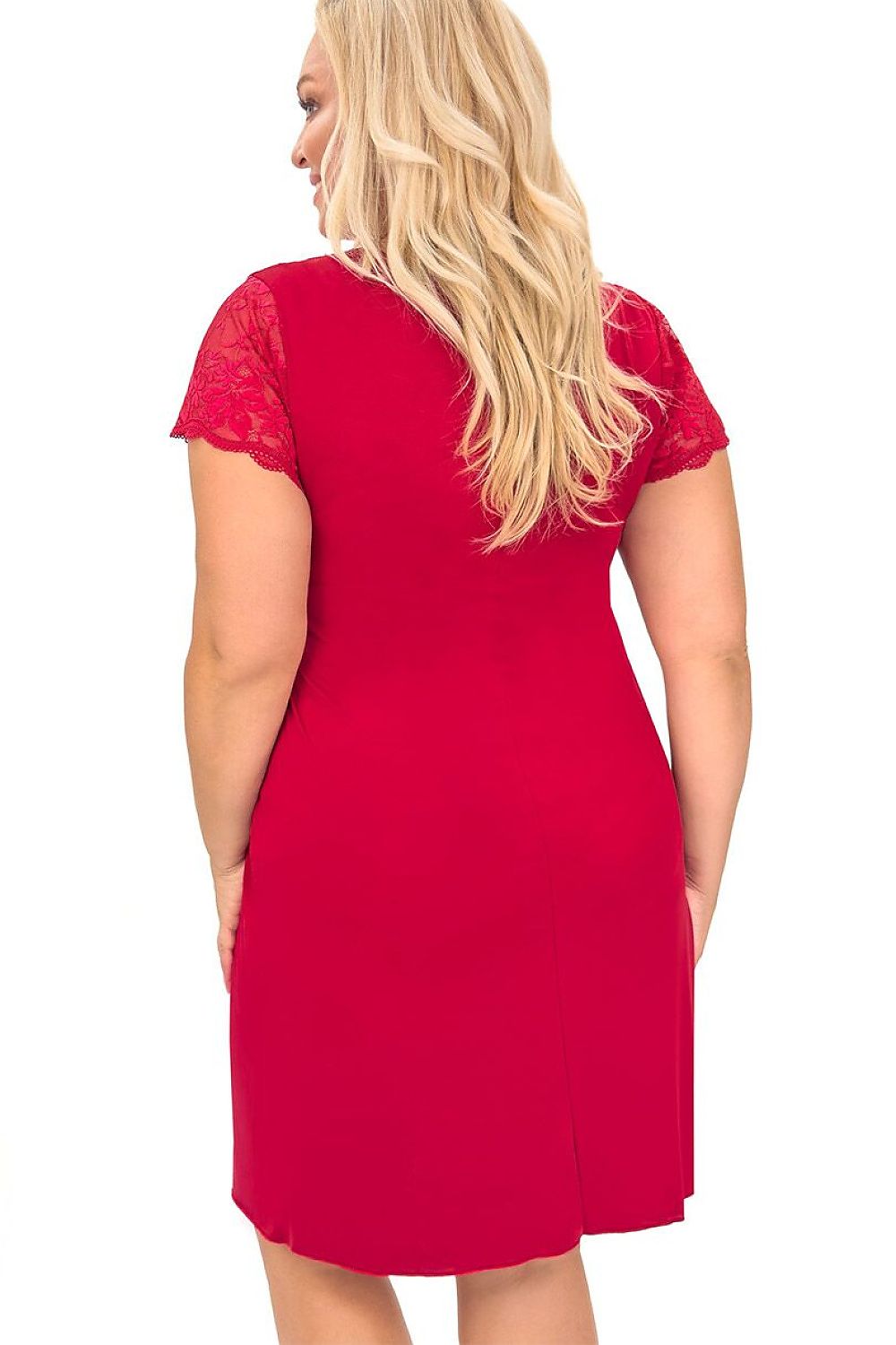 Red dress with lace sleeves worn by a person on a white background