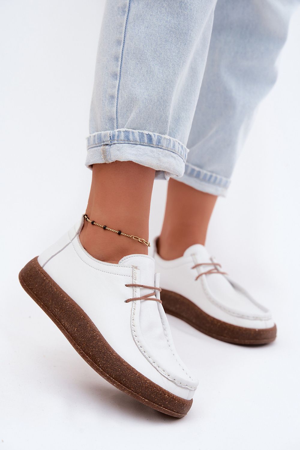  Natural white leather loafers with platform sole and classic styling