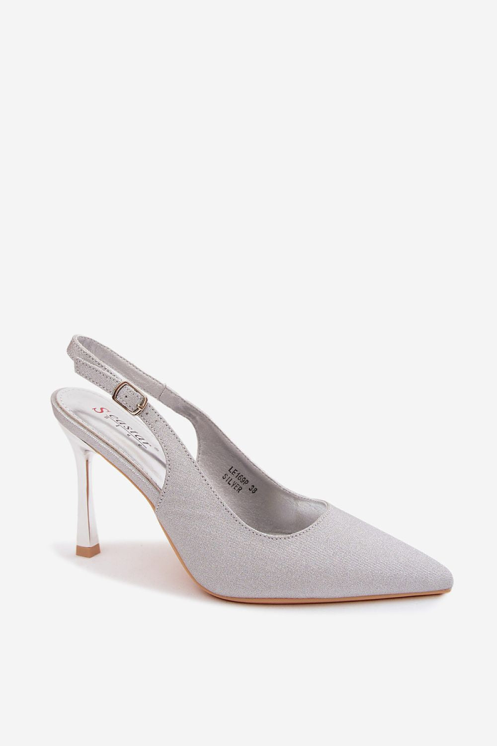  Grey glitter stiletto heels with pointed toe and open heel design