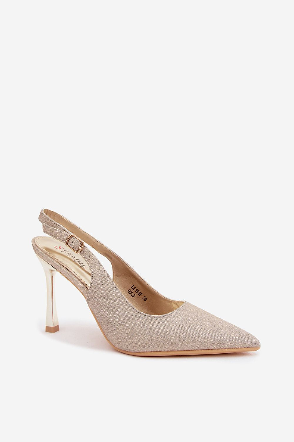 Beige high-heeled shoe on a white background