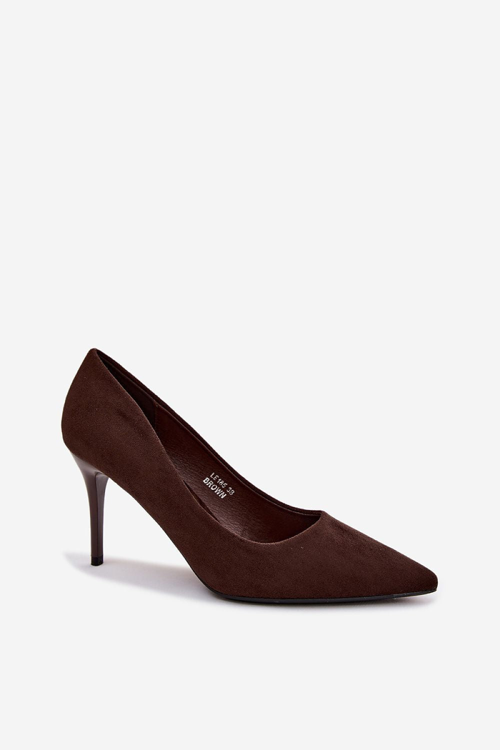 Brown high-heeled shoe on a white background