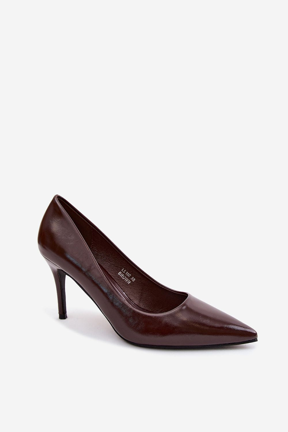 Brown high-heeled shoe on a white background