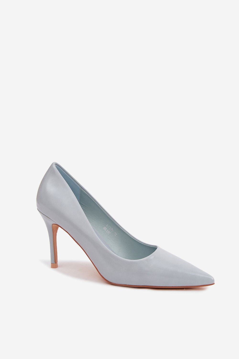 Light blue high-heeled shoe on a white background