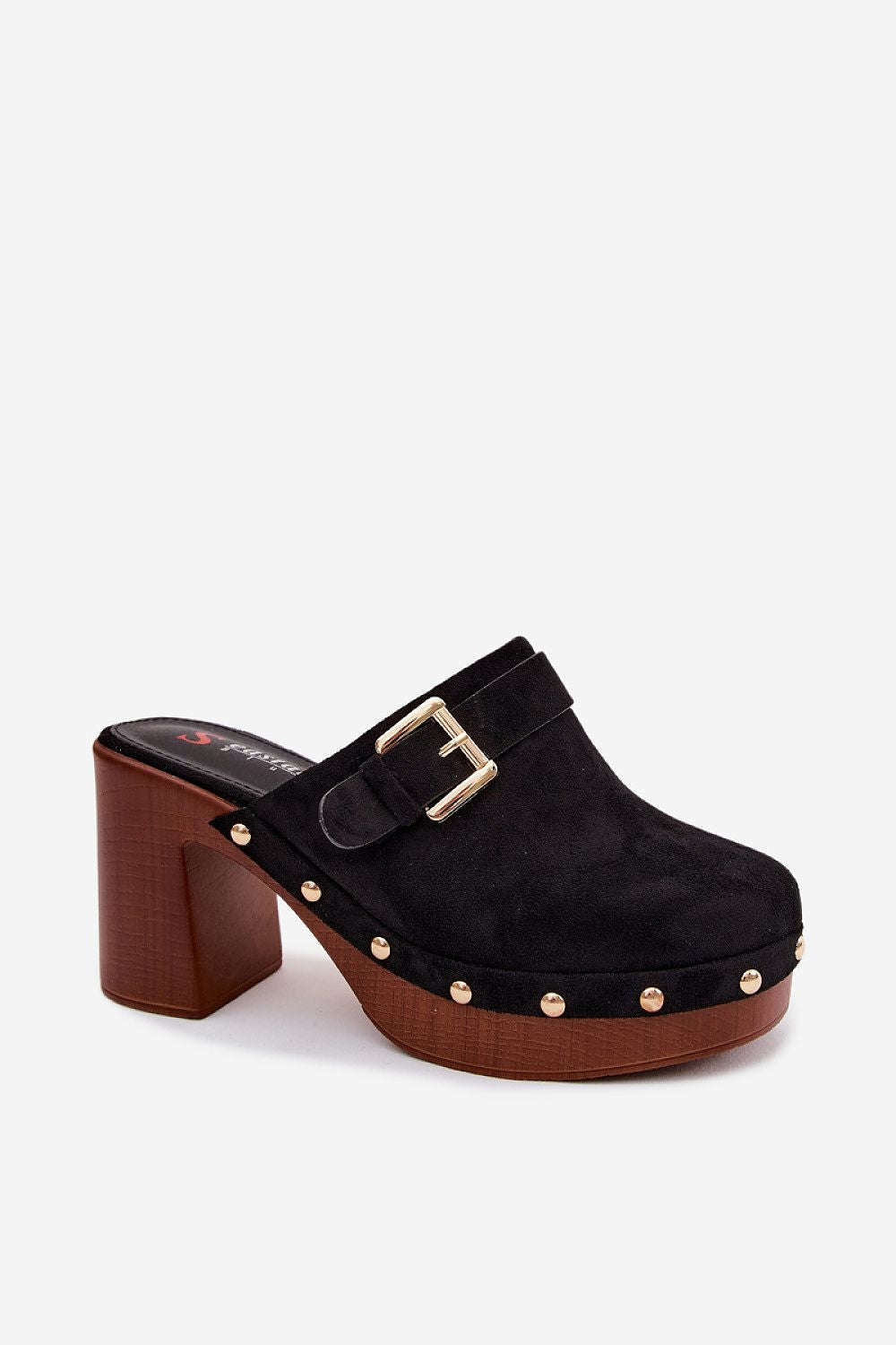 Black suede clog shoe with wooden sole on a white background