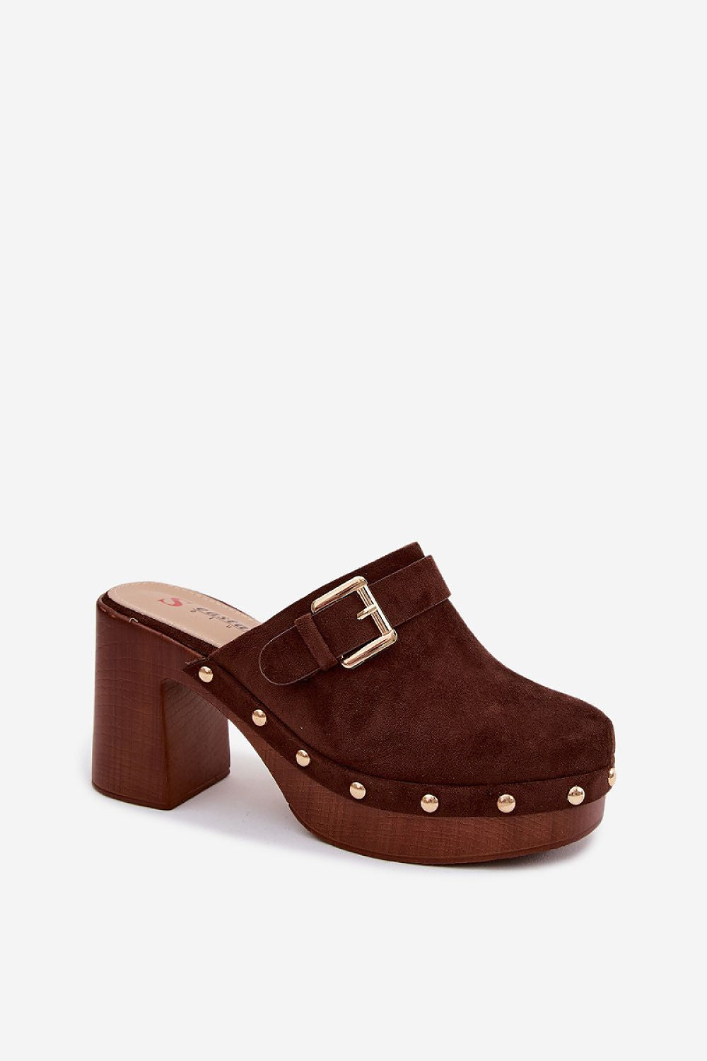 Brown suede clog shoe with a buckle on a white background