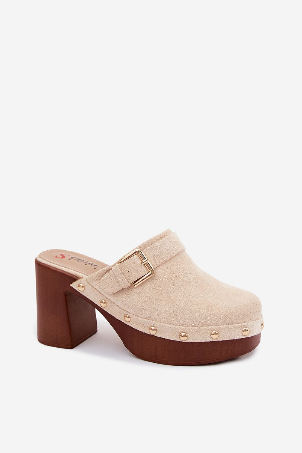 Beige clog shoe with wooden sole on a white background