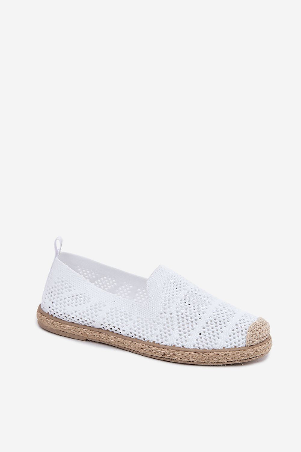 White perforated flat shoe with jute sole on a white background