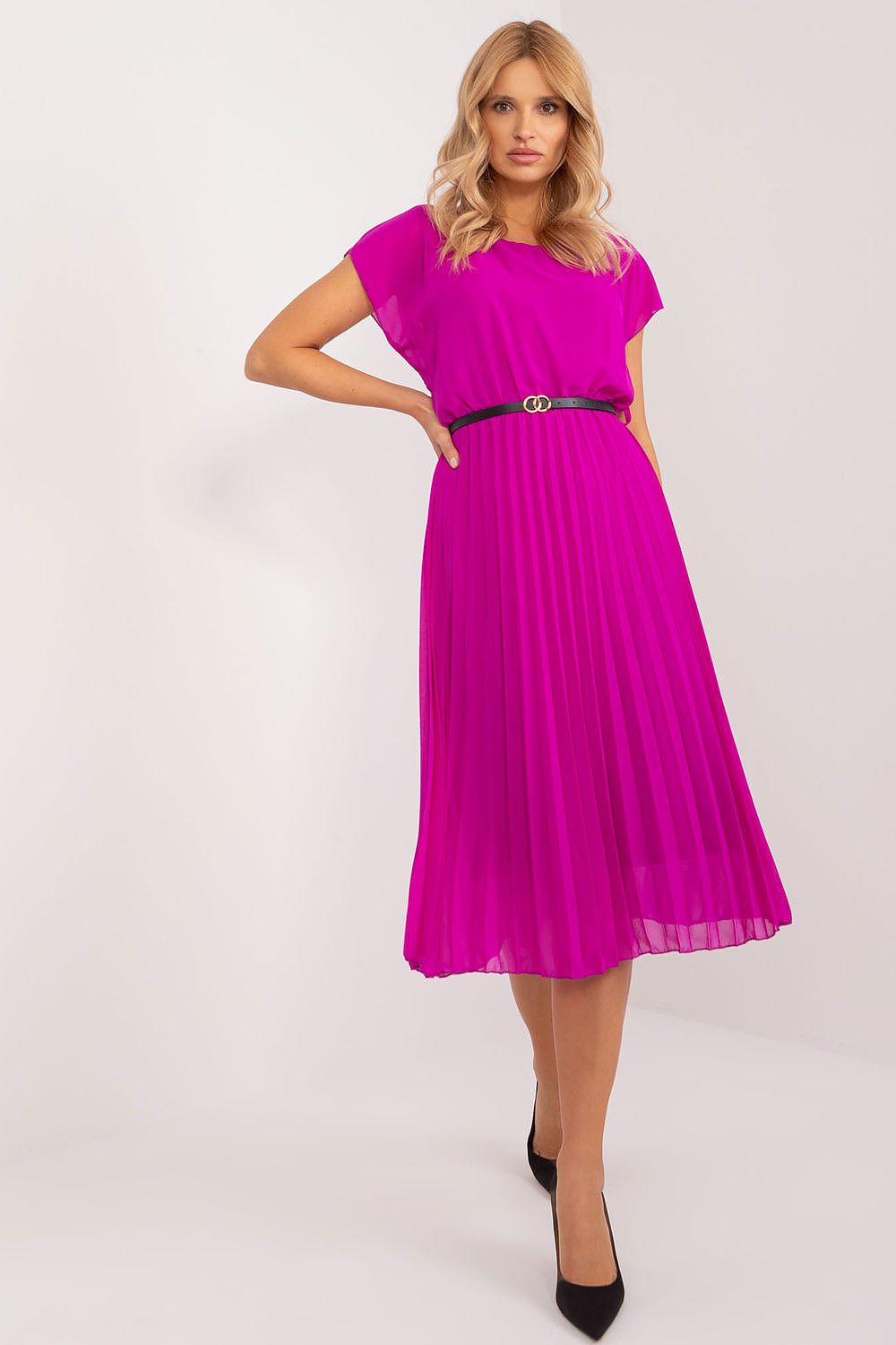  pleated midi dress with feminine belted waist detail