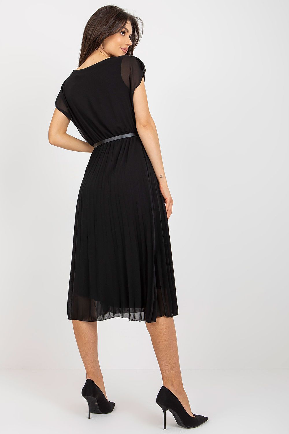 pleated midi dress with feminine belted waist detail-2