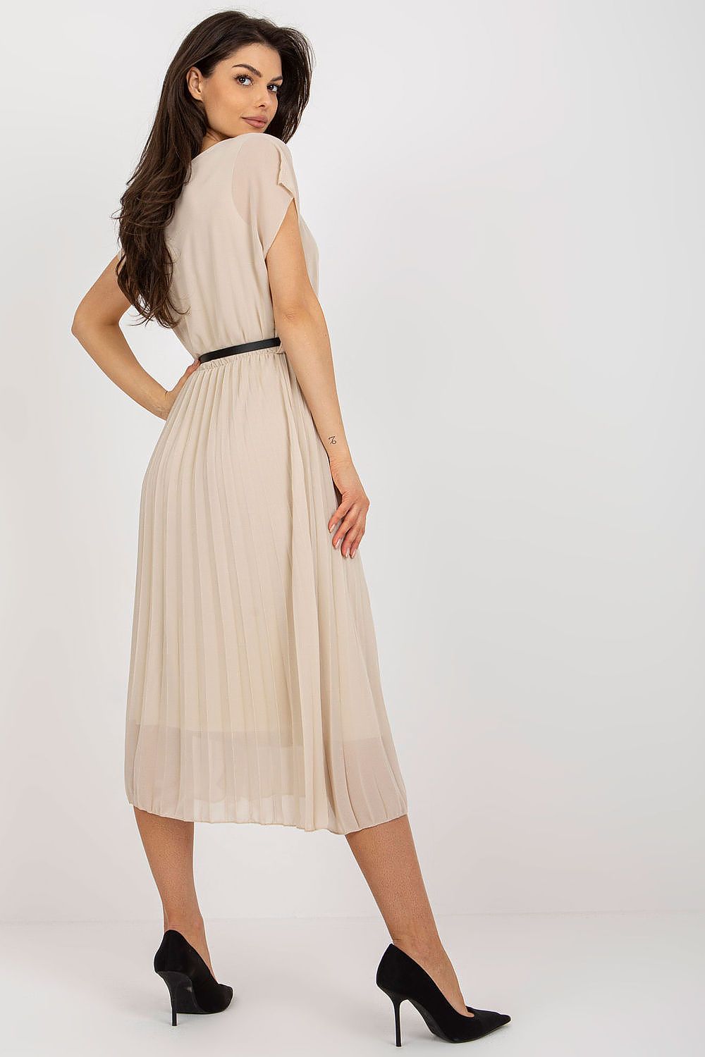  pleated midi dress with feminine belted waist detail-beige