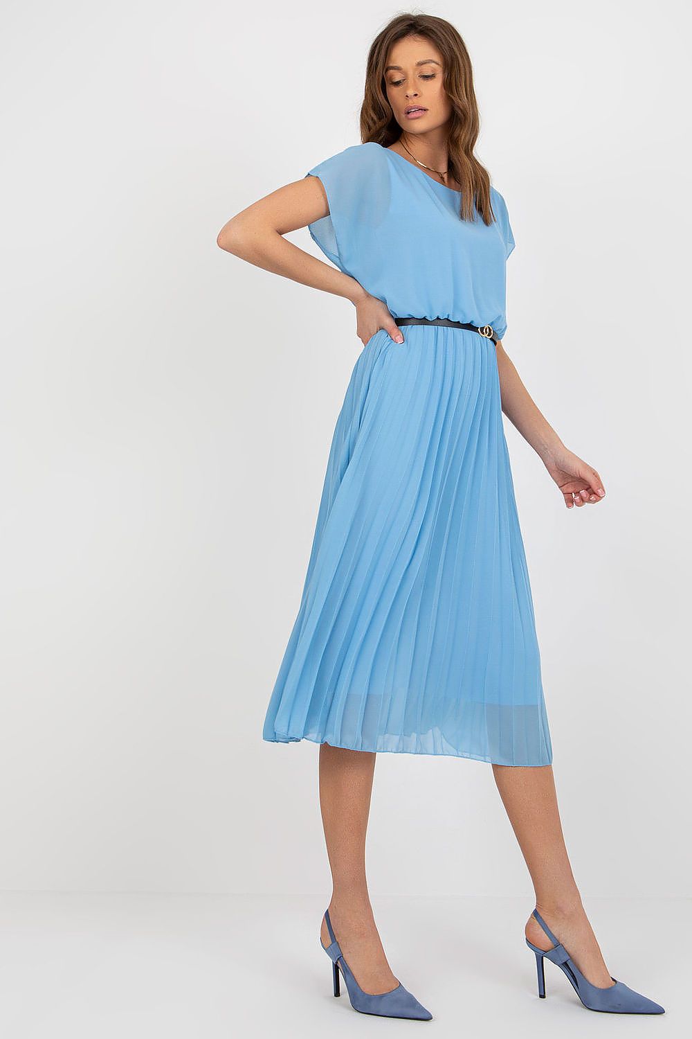  pleated midi dress with feminine belted waist detail-Blue