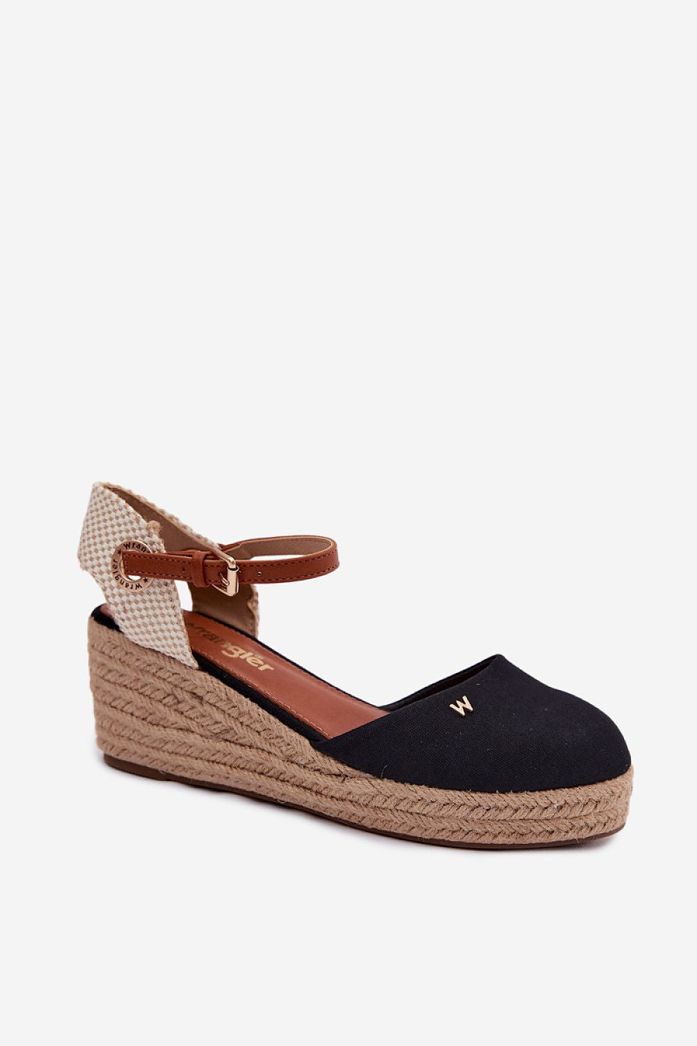 Black wedge sandal with jute sole on a white background