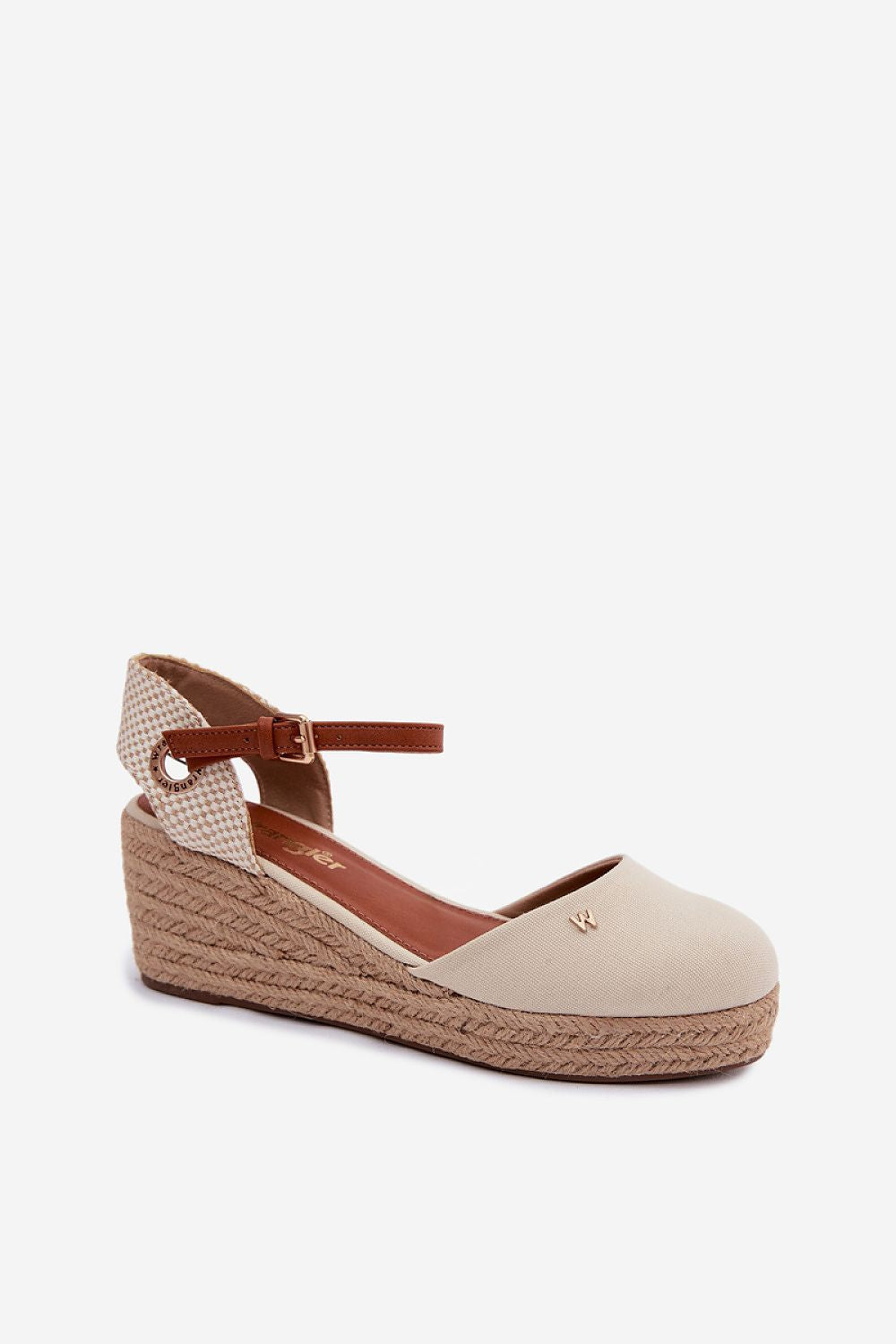 Beige wedge sandal with a brown strap on a white background