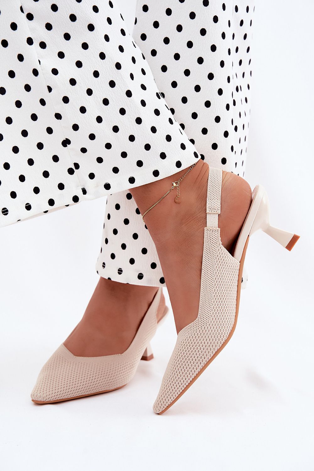  Beige textile sandals with elegant pointed toe and sculpted hourglass heel-2