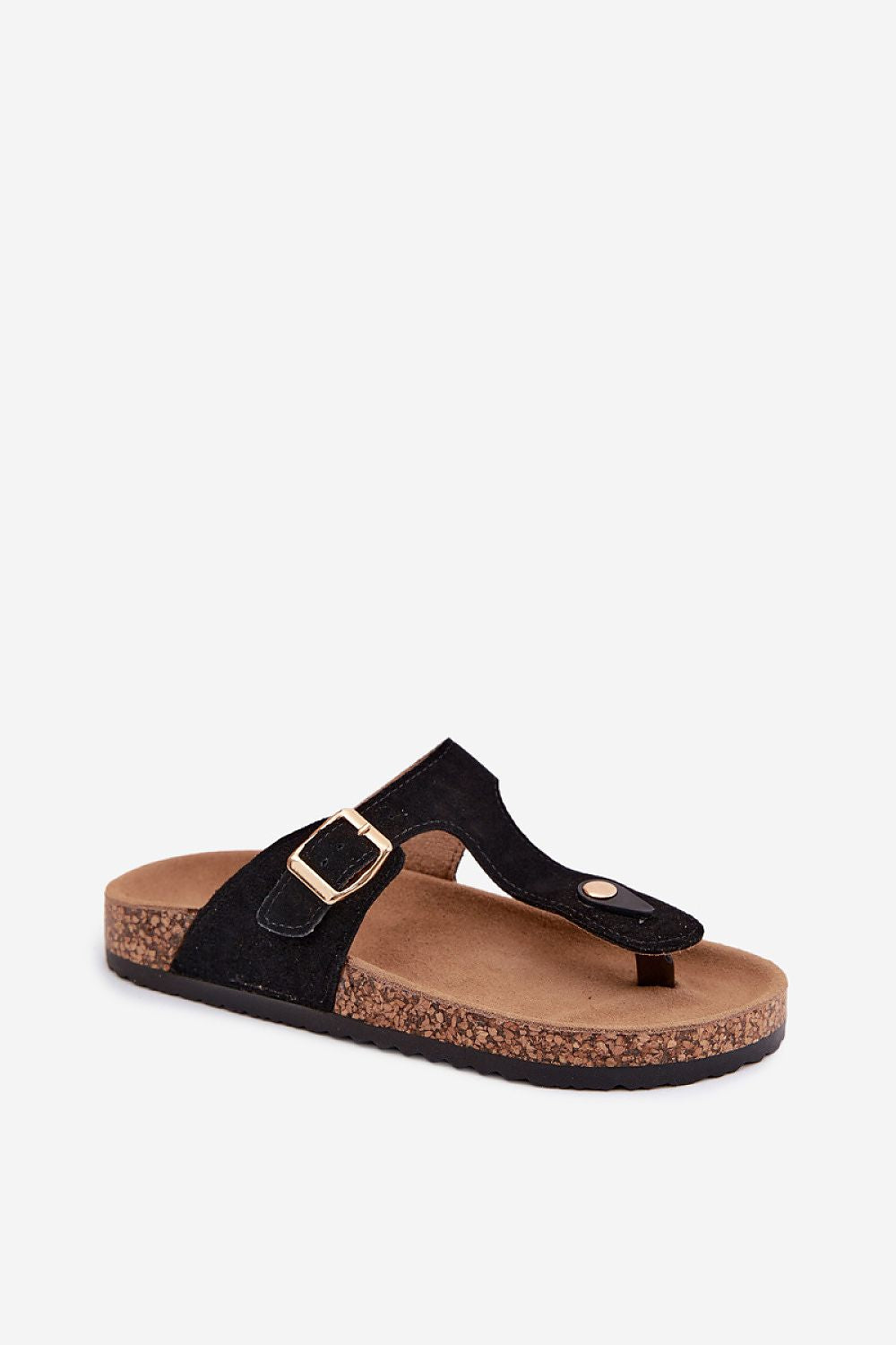 Black sandal with cork sole on a white background