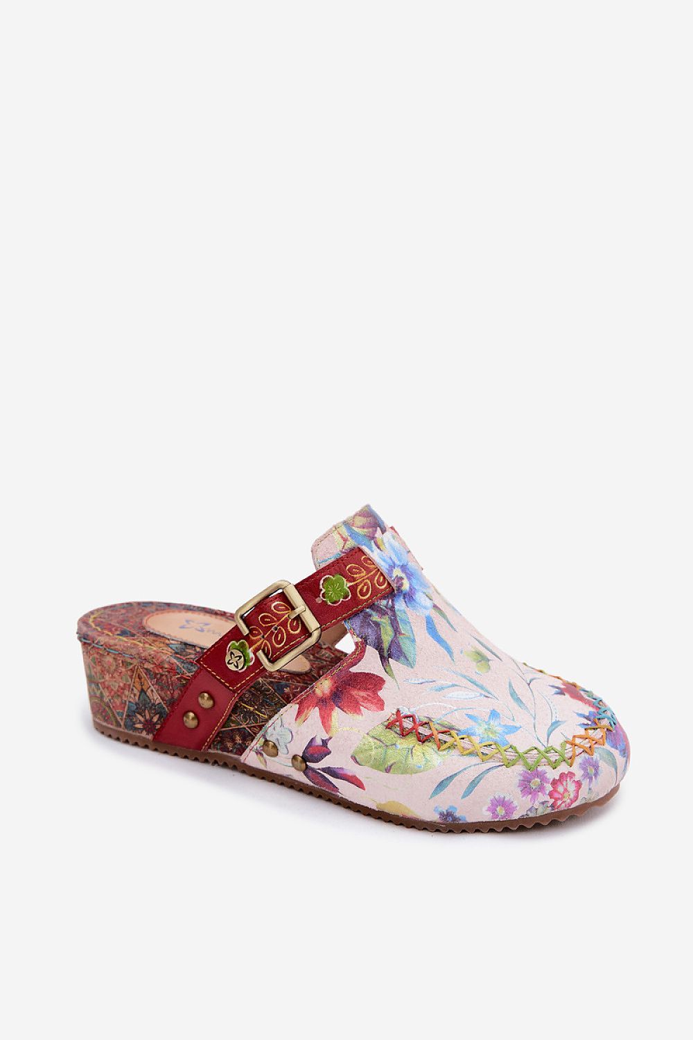 Floral-patterned clog shoe with a red strap on a white background