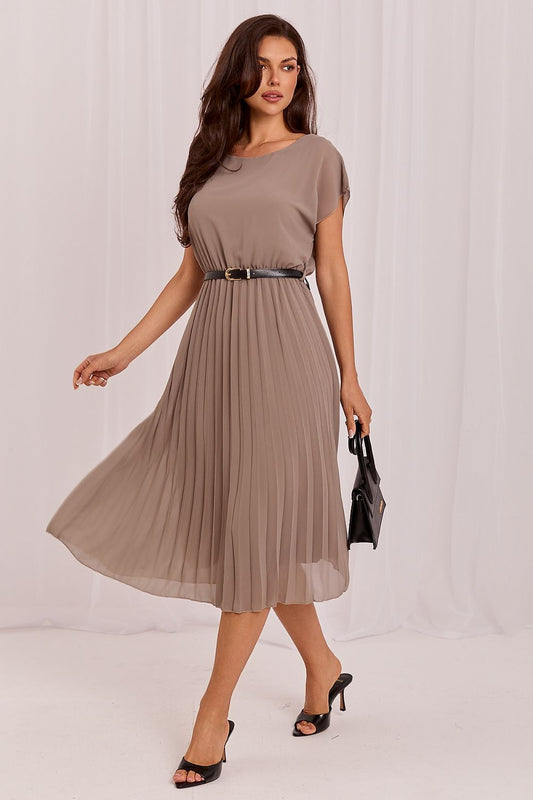  Women's beige occasion dress featuring a flowing pleated skirt and short sleeves