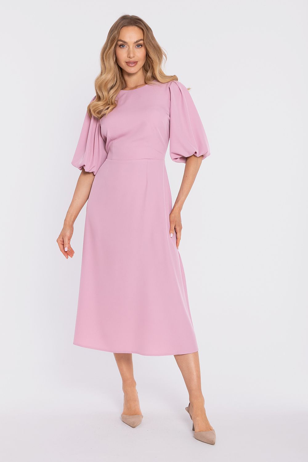  SR Celestine Belle pink midi dress with elegant V-neckline, puff sleeves and flared skirt