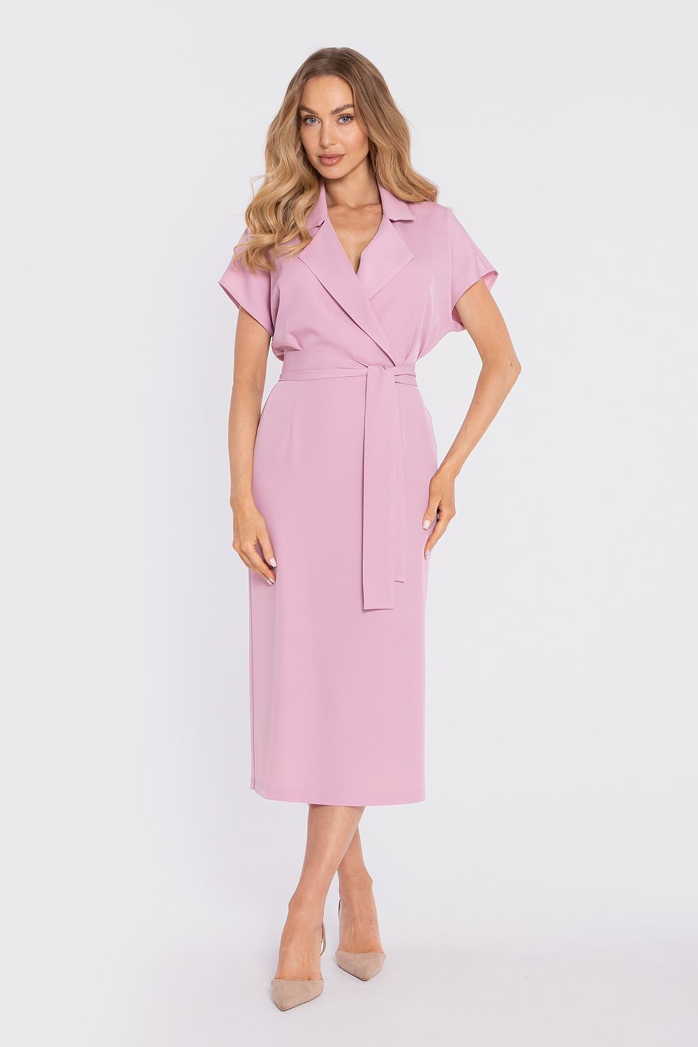  SR Celestine Élan pink wrap midi dress with elegant V-neckline and self-tie waist