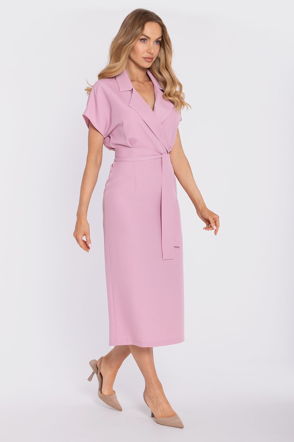  SR Celestine Élan pink wrap midi dress with elegant V-neckline and self-tie waist-2