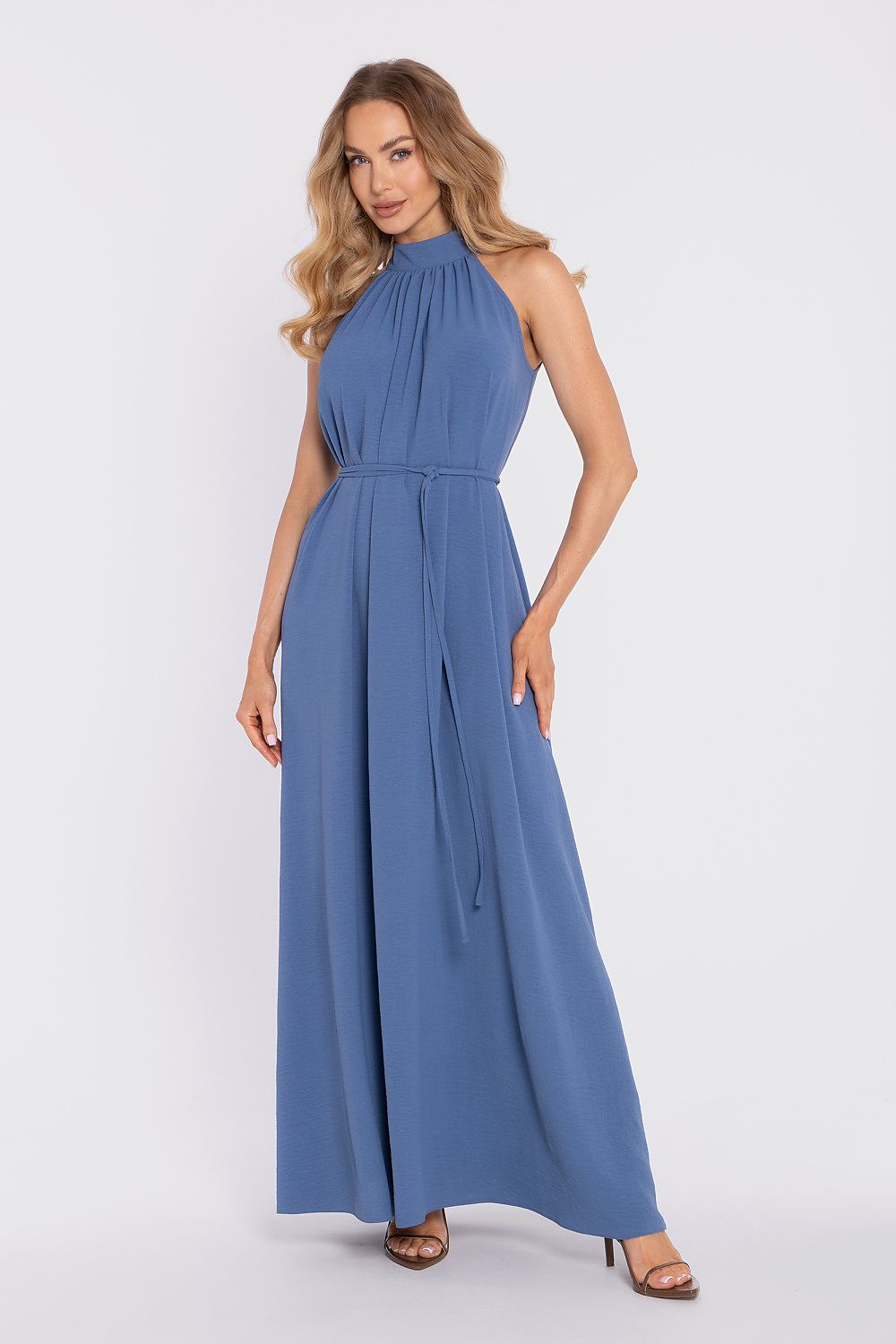  Women's blue Rose Signature maxi dress featuring delicate ruching and adjustable tie waist