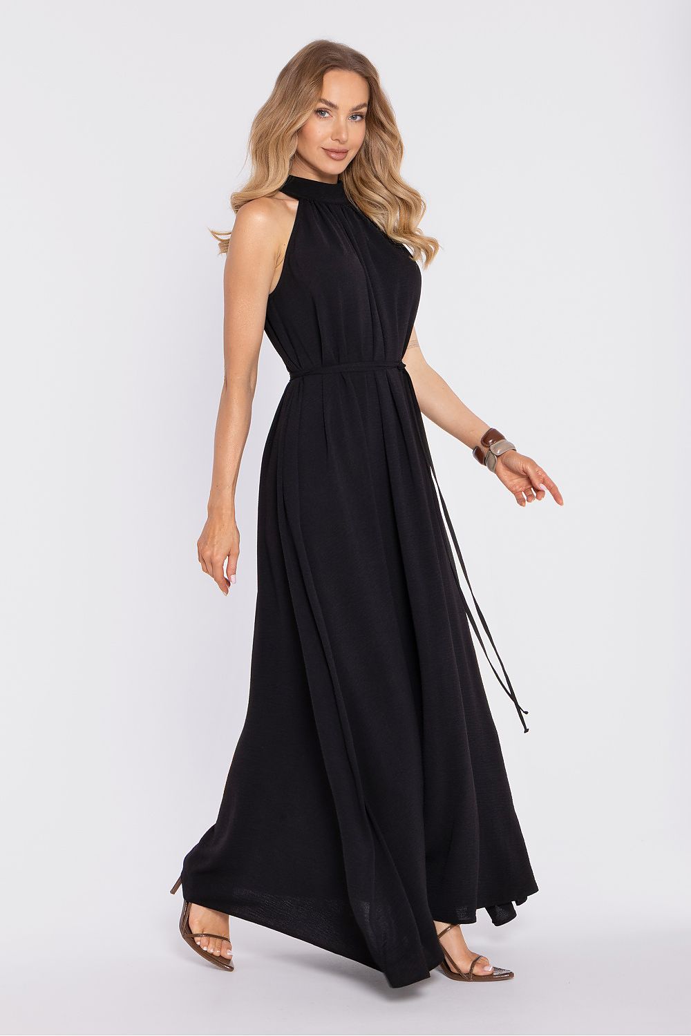  Women's black Rose Signature maxi dress featuring delicate ruching and adjustable tie waist