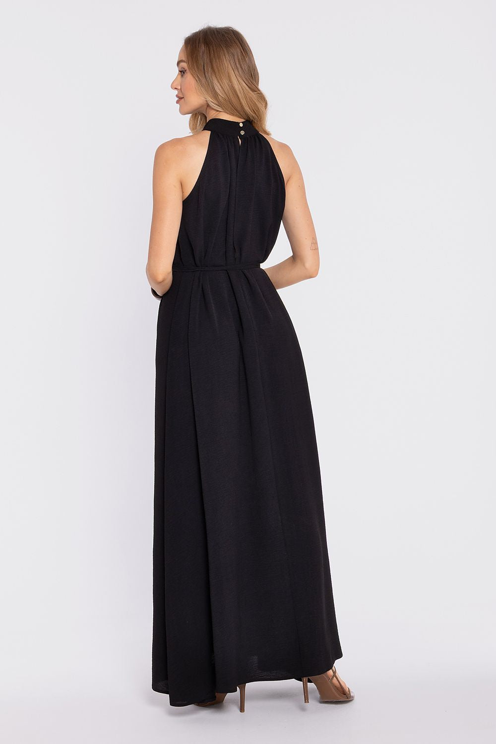 Women's b;ack Rose Signature maxi dress featuring delicate ruching and adjustable tie waist-Rear View