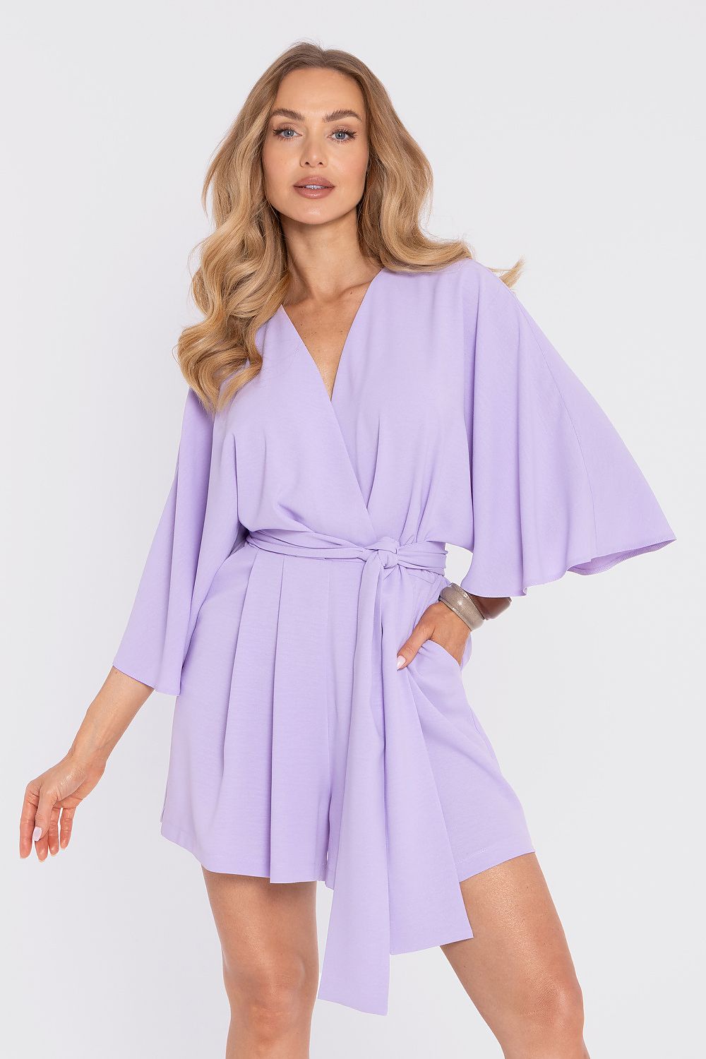  SR Celestine Grace violet playsuit with textured crepe fabric and elegant wrap neckline