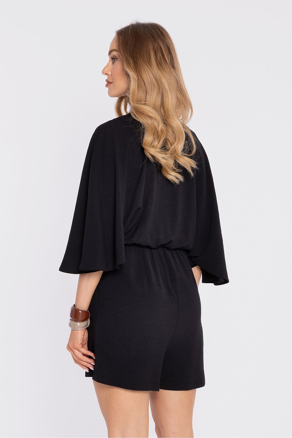  SR Celestine Grace black playsuit with textured crepe fabric and elegant wrap neckline