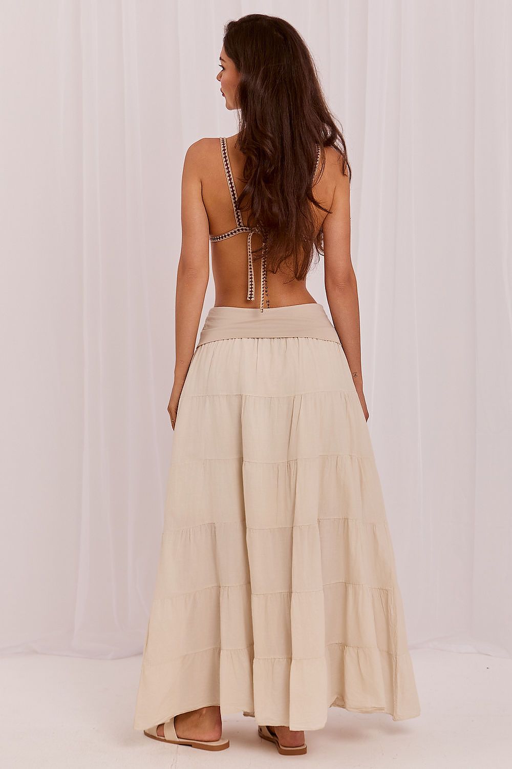  boho tiered maxi skirt with flowing silhouette and romantic ruffle hem-Beige