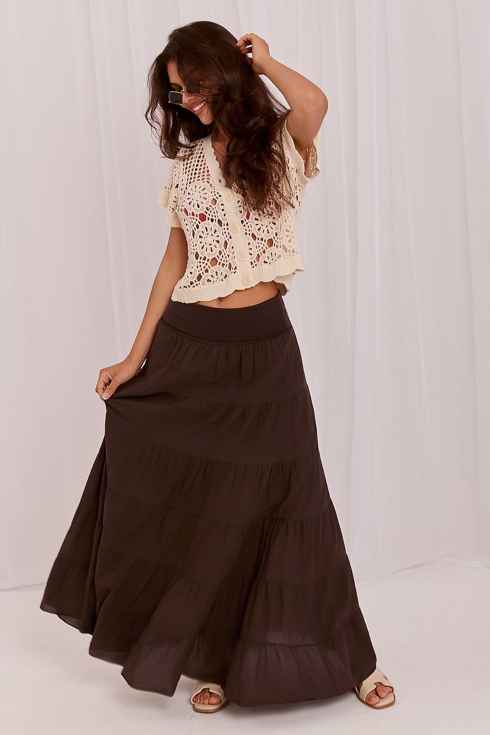  boho tiered maxi skirt with flowing silhouette and romantic ruffle hem-Brown