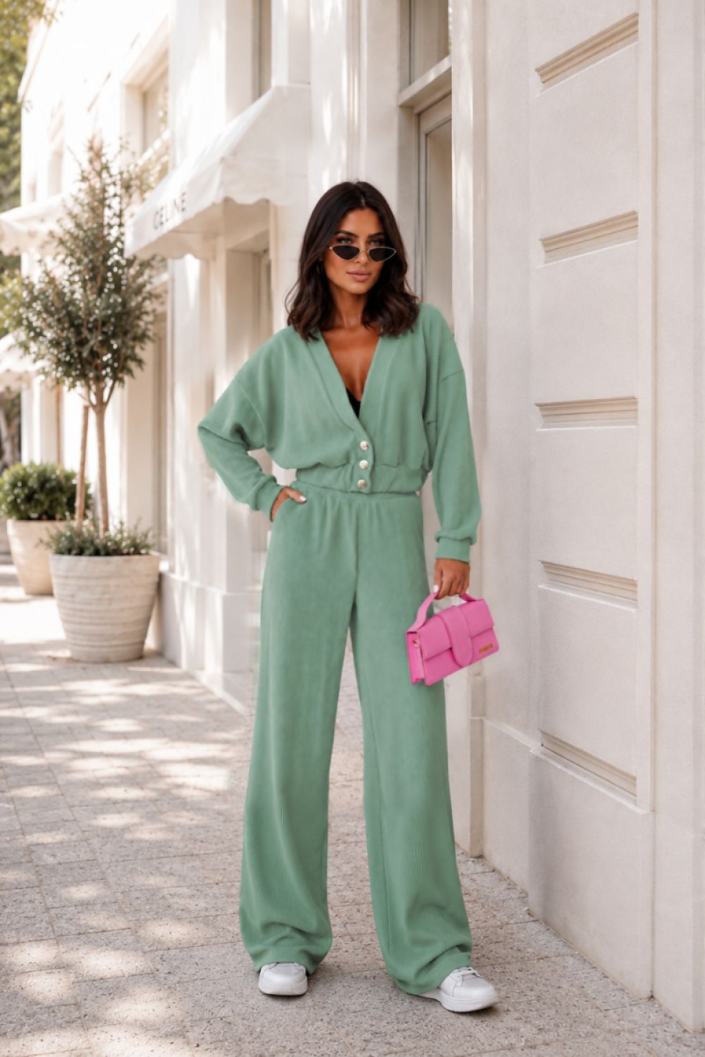 ribbed co-ord with cropped cardigan and wide-leg trousers. 