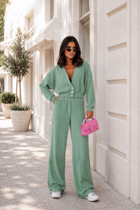  ribbed co-ord with cropped cardigan and wide-leg trousers. 